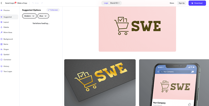 We also decided to test the service. We generated a request: SWE company (it’s just a set of letters) operating in eCommerce, use the shopping cart icon,the pink, gold, and brown colors. And this is what the neural network offered us.