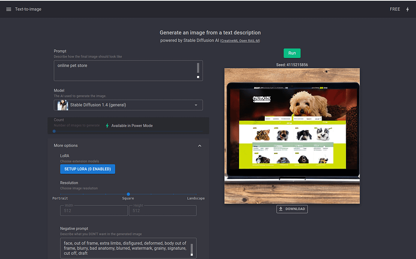 The easiest option is to generate images directly on the site. It is clear and simple: enter your request into the “Prompt” field, click “Generate” and wait. We asked Stable Diffusion to generate an image of “online pet store” (an online store of goods for animals) and received this layout.