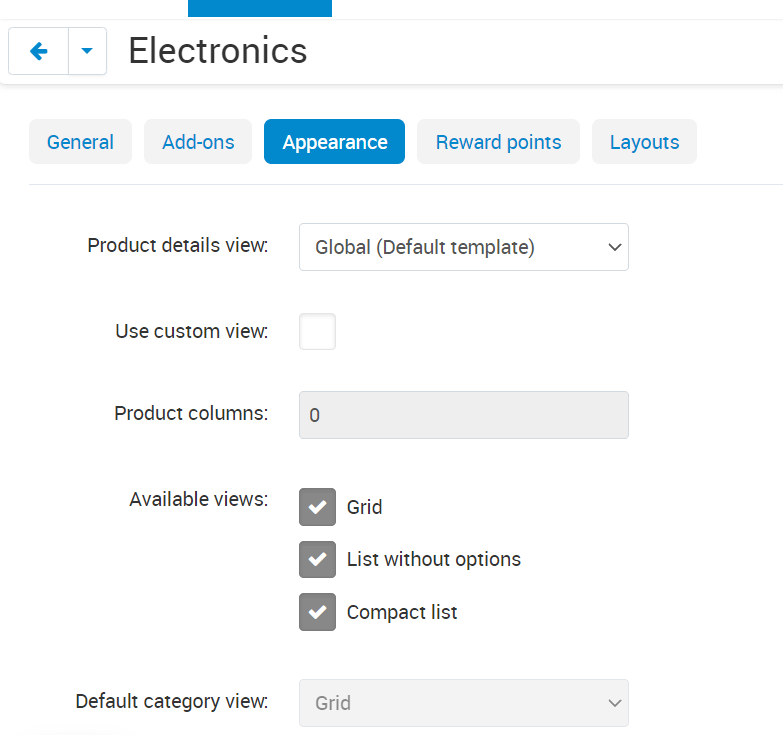 The "Appearance" tab allows you to customize the display of goods: