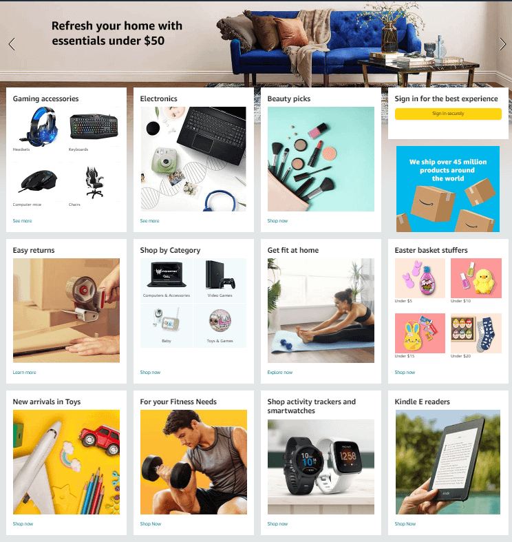 We’d like to highlight Amazon’s vibrant design which is customer-centric. Entering the home page of the platform you can see many offers that are categorized enabling convenient navigation.