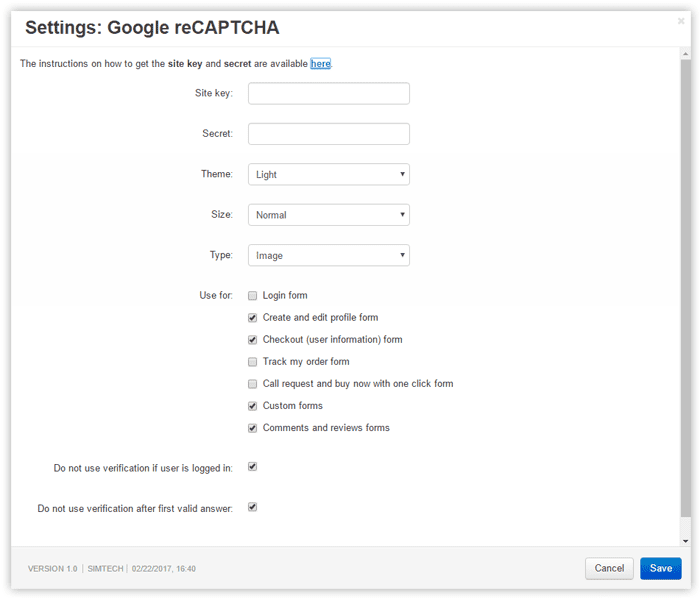 Google reCAPTCHA settings